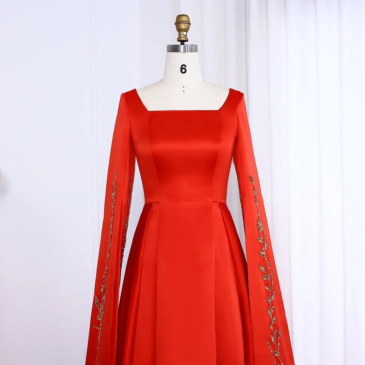 Elegant Red Evening Dress with Gold Floral Embroidery Cape Sleeves SS568 Elegant Red Evening Dress with Gold Floral Embroidery Cape Sleeves SS568