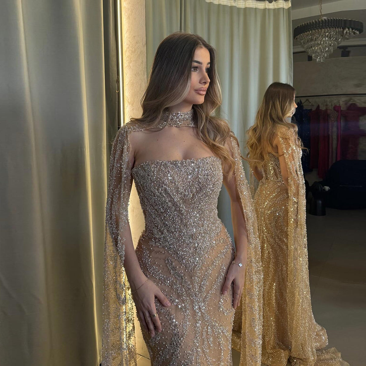 Luxury Beaded Red Mermaid Evening Dress with Cape Sleeves SH543