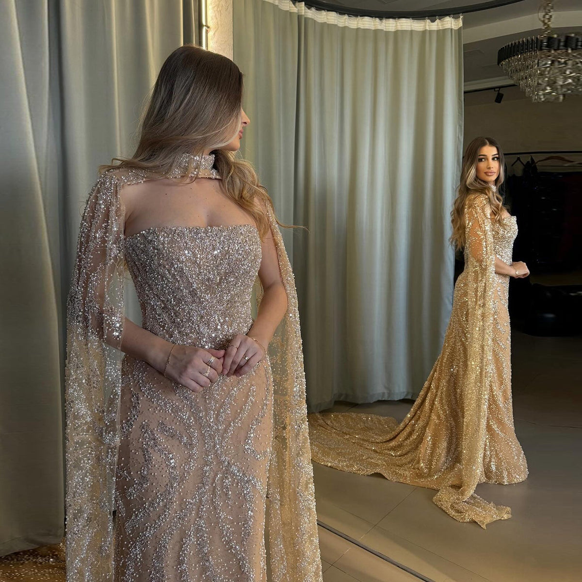 Luxury Beaded Red Mermaid Evening Dress with Cape Sleeves SH543