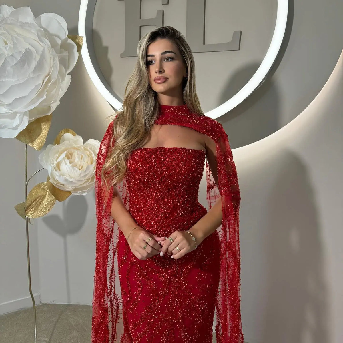 Luxury Beaded Red Mermaid Evening Dress with Cape Sleeves SS663 