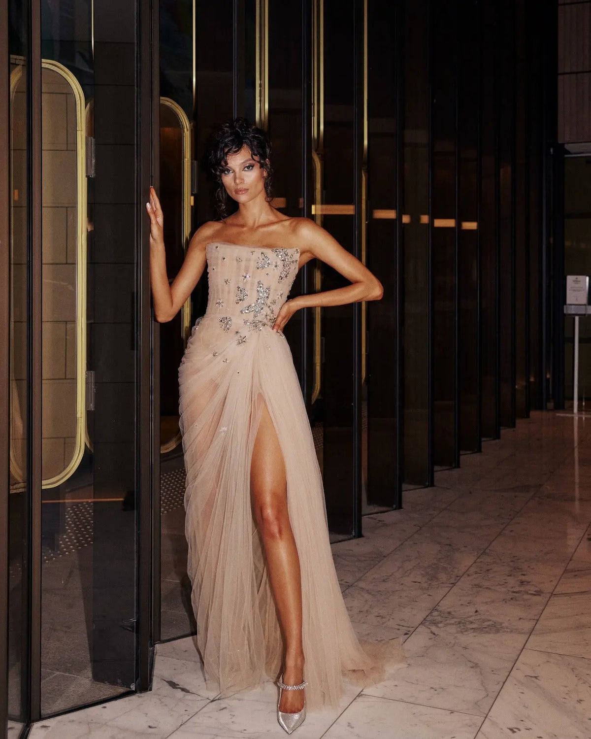 Luxury Nude Sheer Tulle Evening Dress with Star Beading SF478 – SHARONSAID Luxury Nude Sheer Tulle Evening Dress with Star Beading SF478 – SHARONSAID