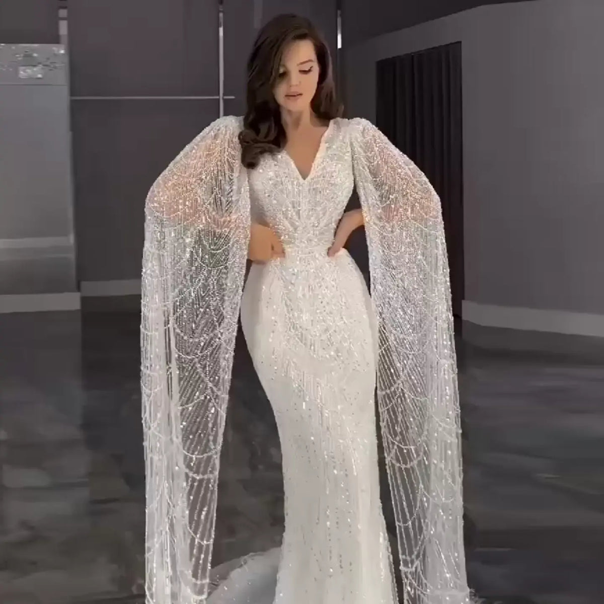 Luxury White Feather Evening Dress with Cape Sleeves SS683 - SHARONSAID Luxury White Feather Evening Dress with Cape Sleeves SS683 - SHARONSAID
