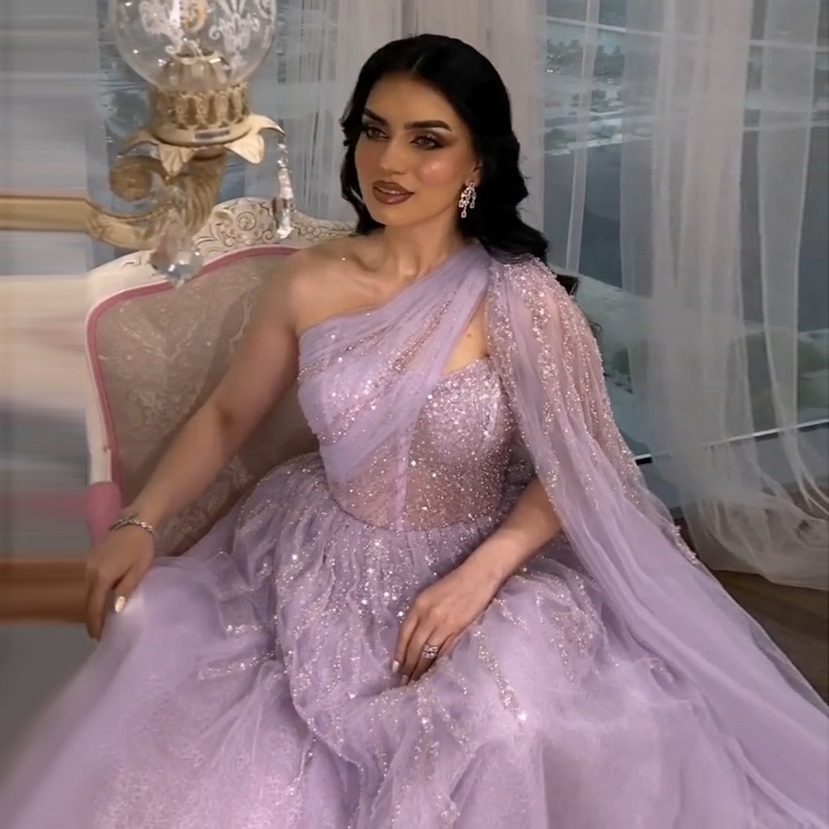 Sharon Said Saudi Arabia One Shoulder Lilac Evening Dress with Cape Sleeve Luxury Dubai Women Wedding Party Formak Gowns SS465