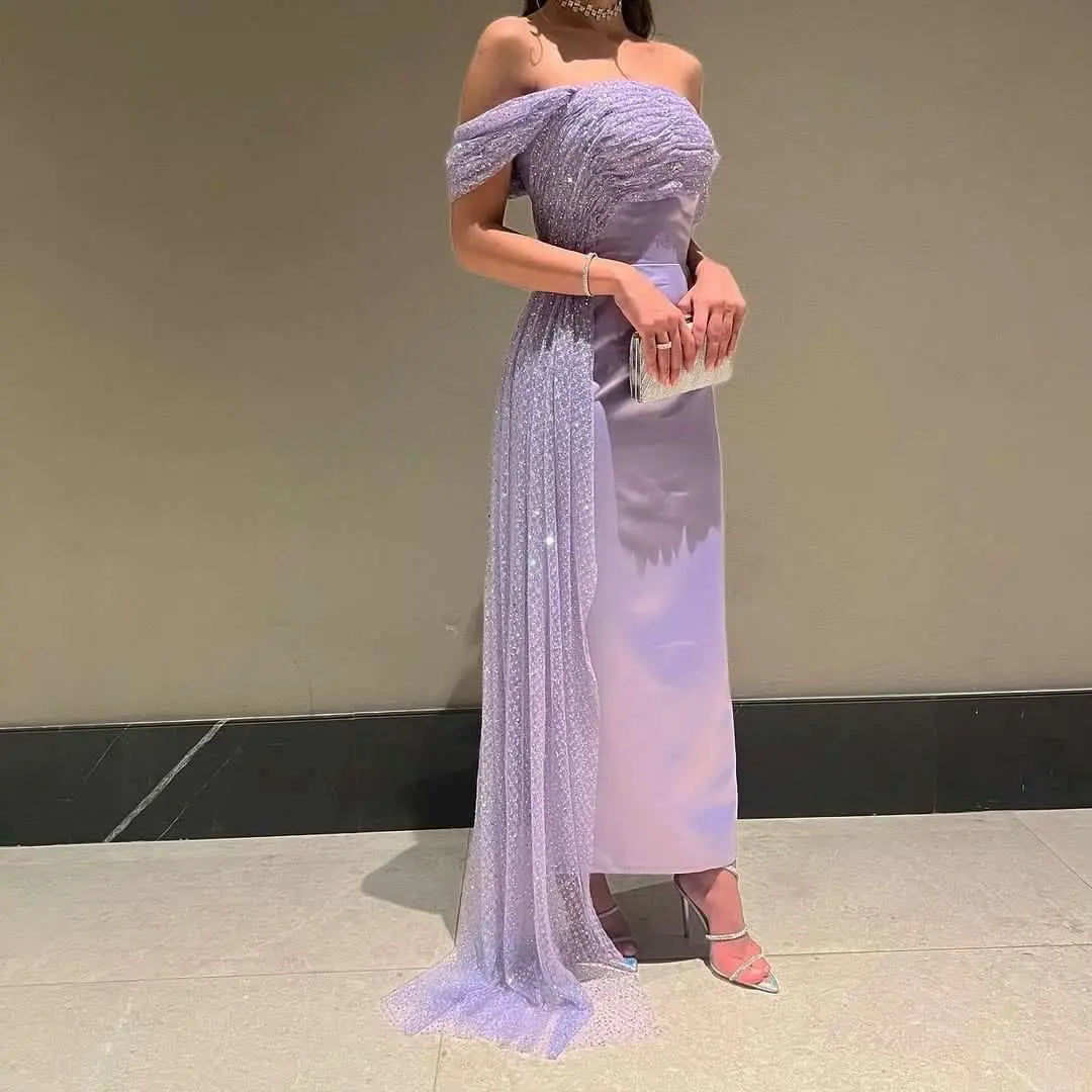 off the shoulder lilac dress Elegant Off Shoulder Lilac Evening Dress with Overskirt SS340
