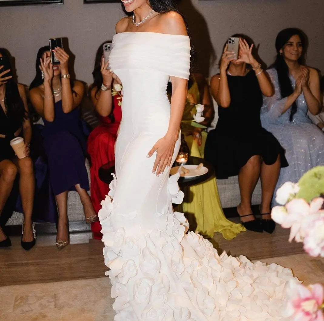 Elegant 3D Flowers Off Shoulder White Evening Dress Sf206