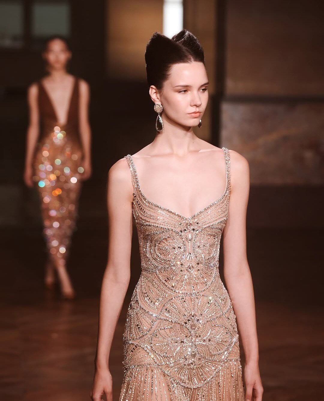 Elegant Champagne Ruffled Beaded Evening Dress SS552 