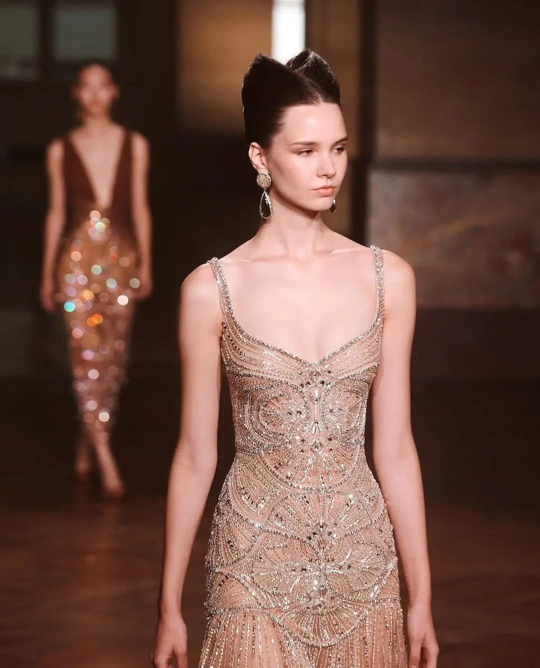 Elegant Champagne Ruffled Beaded Evening Dress SS552 