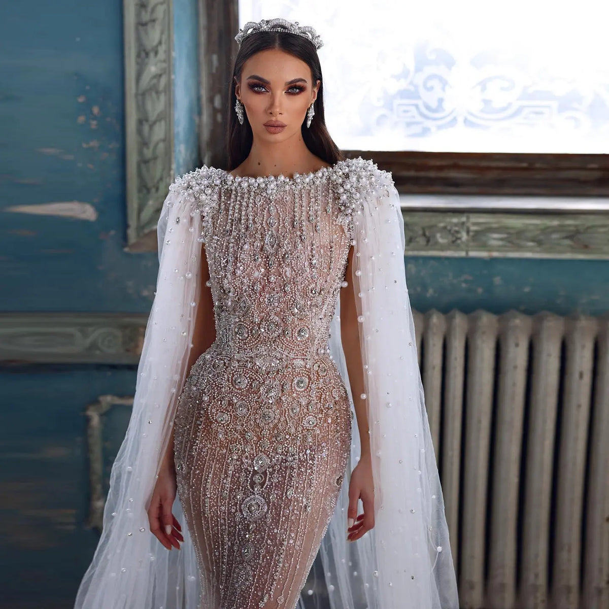 Luxury White Nude Evening Dress with Cape Sleeves SS668 