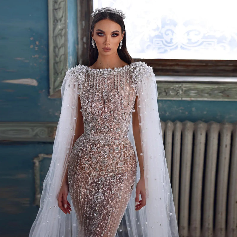 Luxury White Nude Evening Dress with Cape Sleeves SS668 
