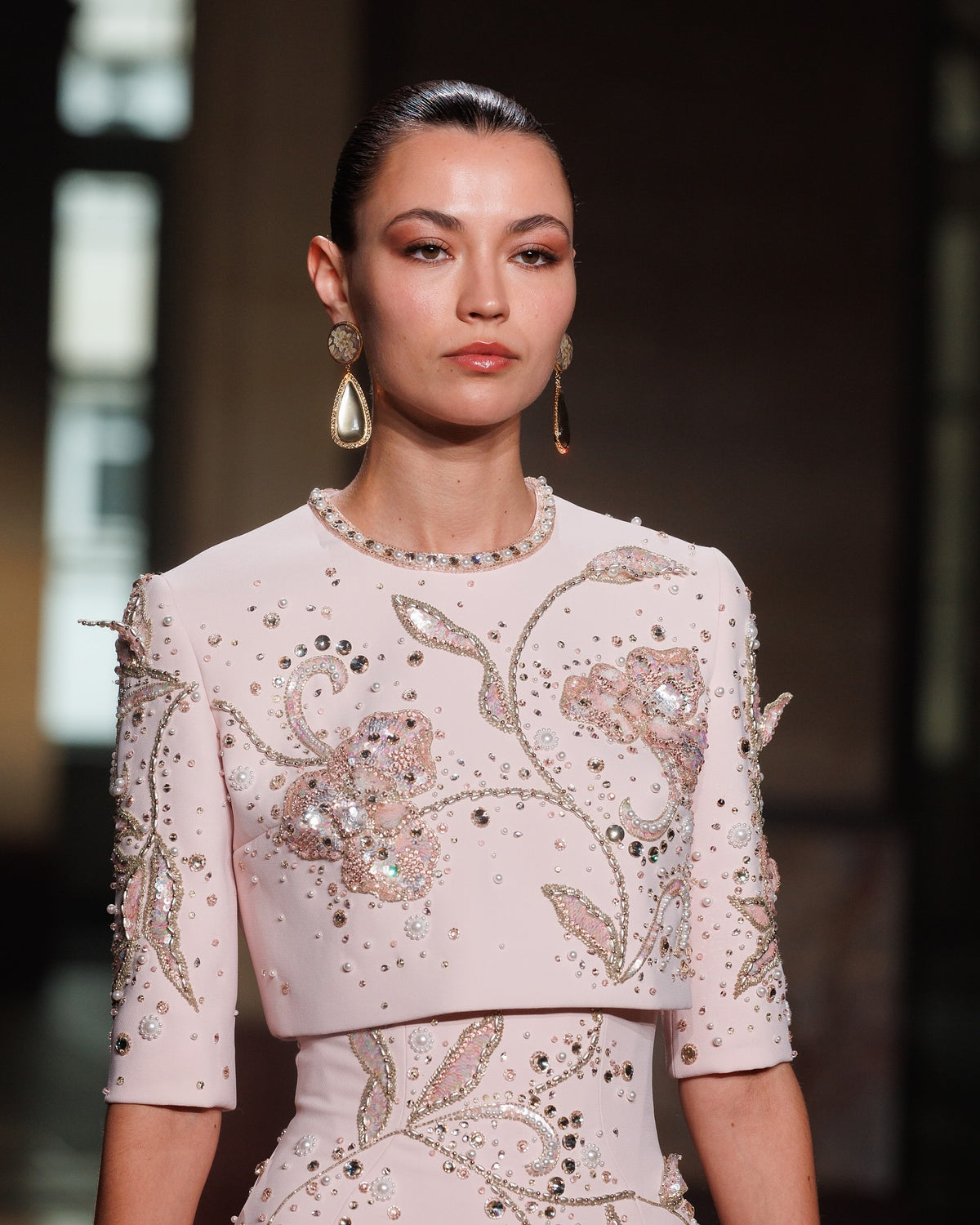 Luxury Blush Pink Crystal Short Sleeve 2 Pieces Evening Dress SS518 