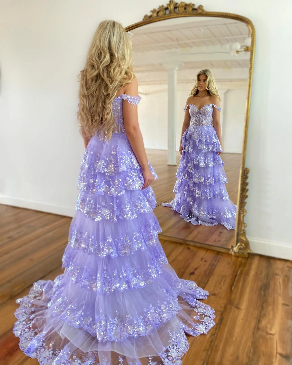 Stylish Black Ruffles Off shoulder Prom Dress with High Slit SH150 