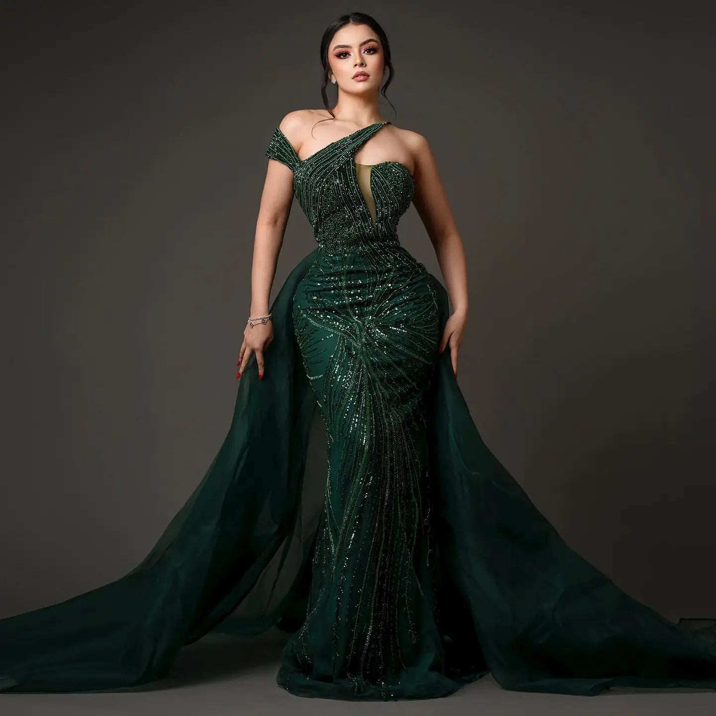Luxury Emerald Green Evening Dress with Overskirt SS128 - SHARONSAID Luxury Emerald Green Evening Dress with Overskirt SS128 - SHARONSAID