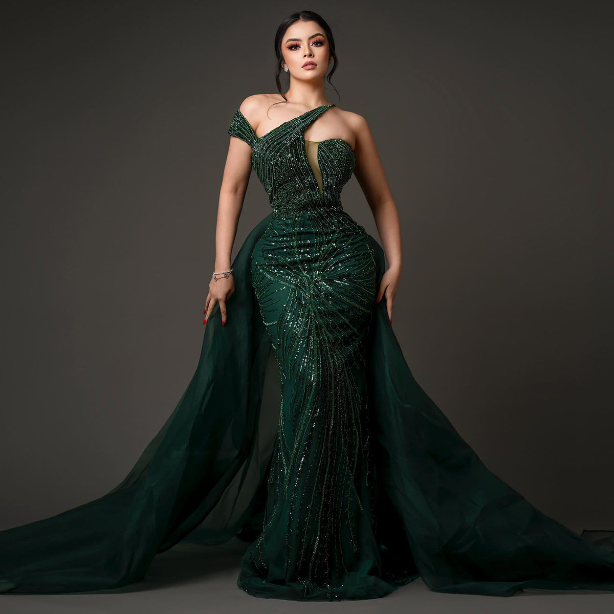 Sharon Said Luxury Emerald Green Evening Dress with Overskirt Elegant One Shoulder Women Wedding Party Prom Formal Gowns SS128