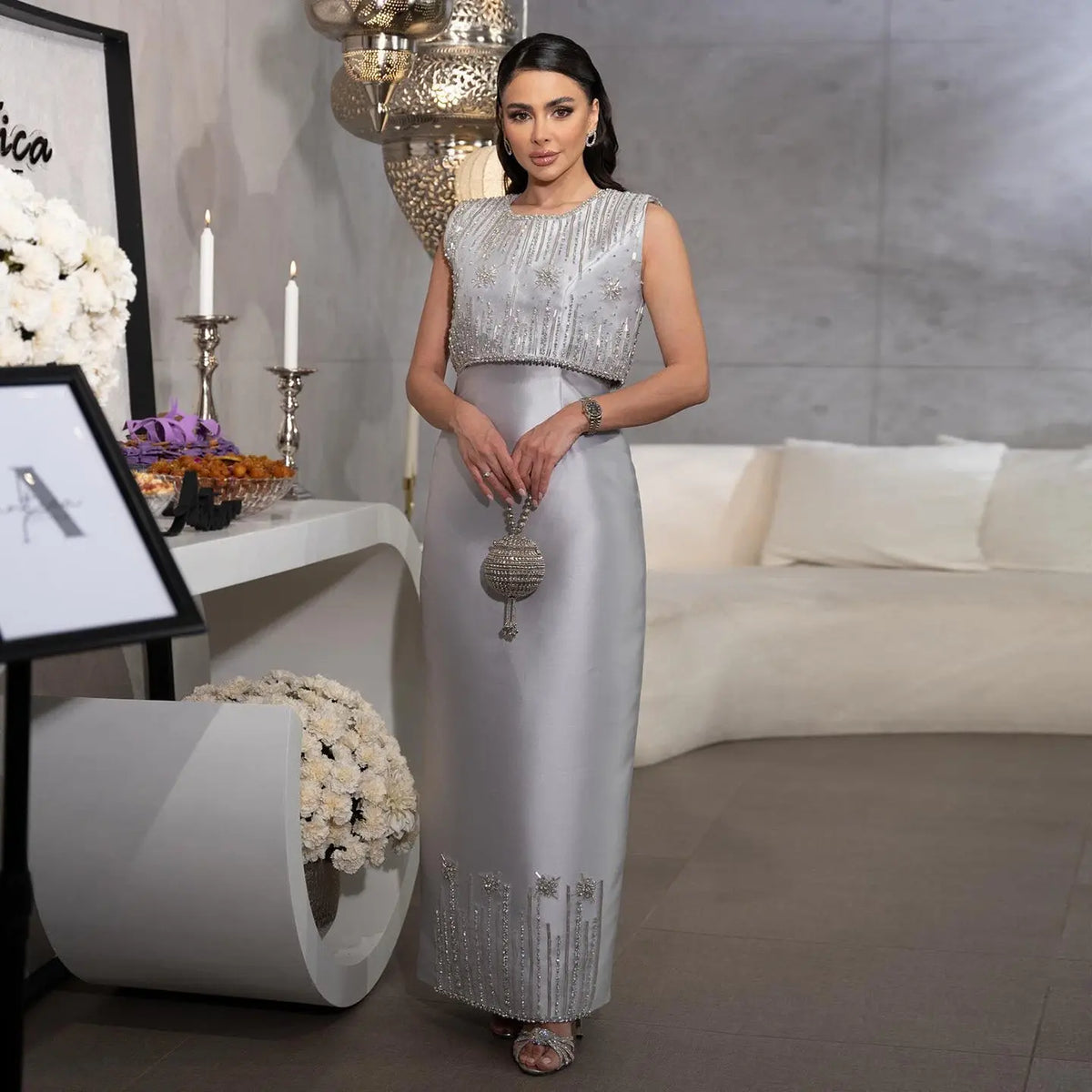 Luxury Rhinestones Silver Midi Evening Dress SS277 