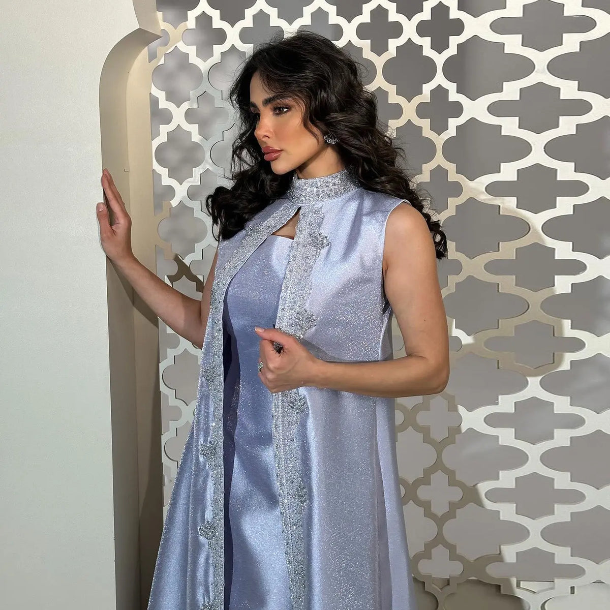 Luxury Rhinestone Lilac Kaftan Evening Dress with Cape SS276 
