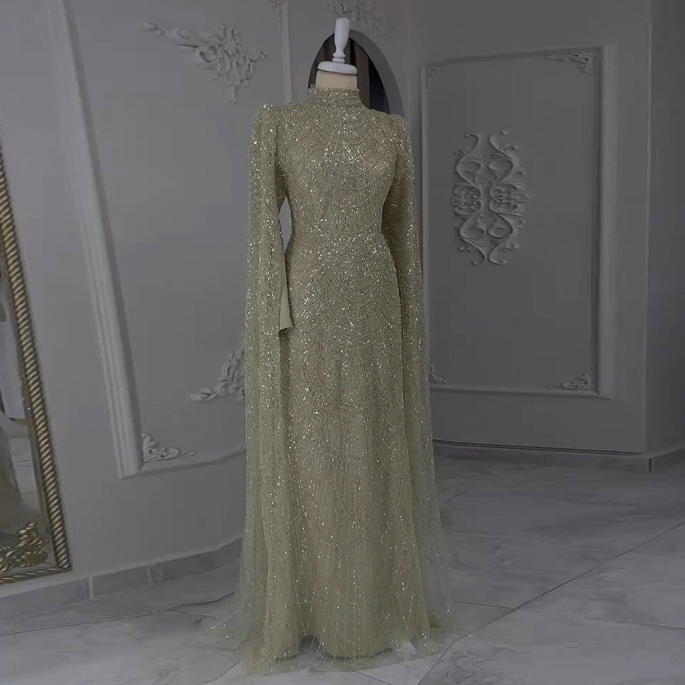 Sharon Said Luxury Dubai Sage Green Muslim Evening Dress with Cape Sleeves High Neck for Arabic Women Wedding Party SS260