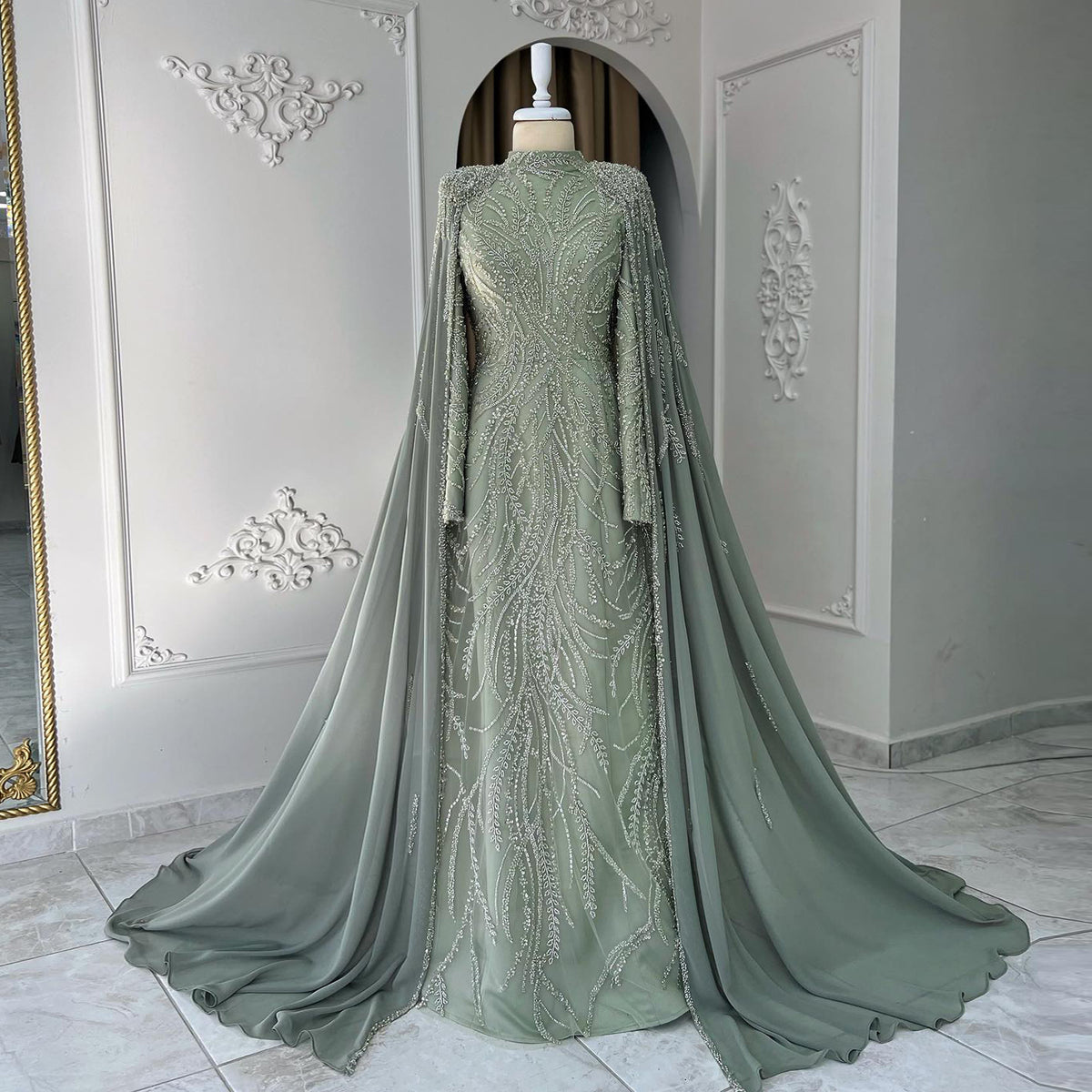 Sharon Said Luxury Beaded Sage Green Muslim Evening Dress with Cape Long Sleeves Arabic Dubai Women Wedding Party Gowsn SS387