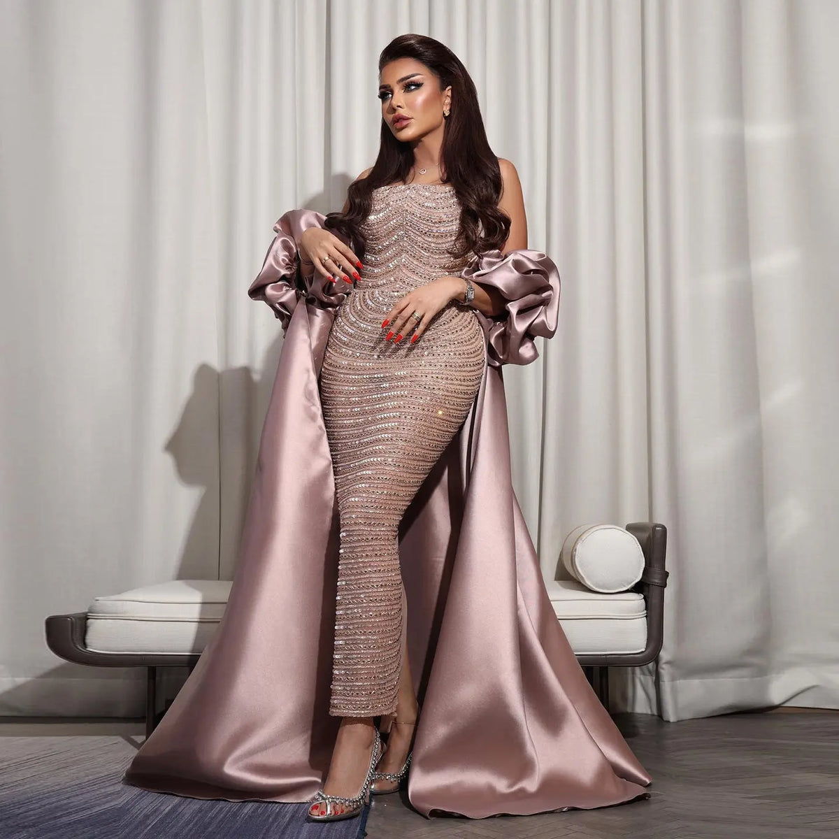 Luxury Beaded Dusty Pink Strapless Evening Dress with Cape SS492 Luxury Beaded Dusty Pink Strapless Evening Dress with Cape SS492