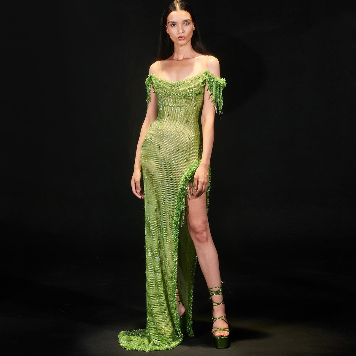 Sharon Said Luxury Crystal Dubai Sage Green Evening Dresses Orange Arabic High Slit Prom Dress for Women Wedding Party SS382