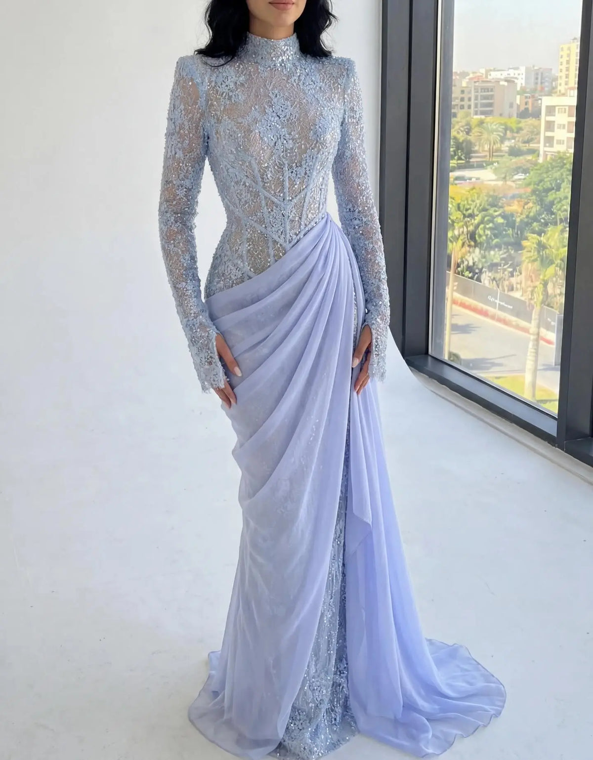 high neck long sleeve chiffon dress Narella | BLUE Chiffon High-Neck Maxi Dress With Draped-Detailing