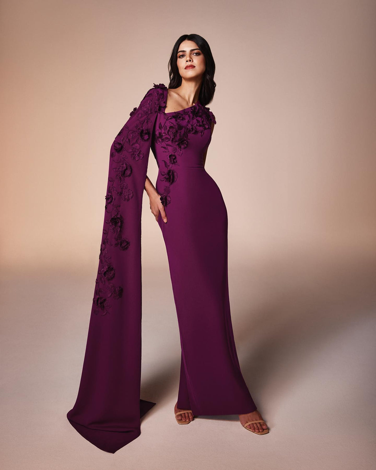 Elegant Purple 3D Flowers Evening Dress with Cape Sleeve SF105