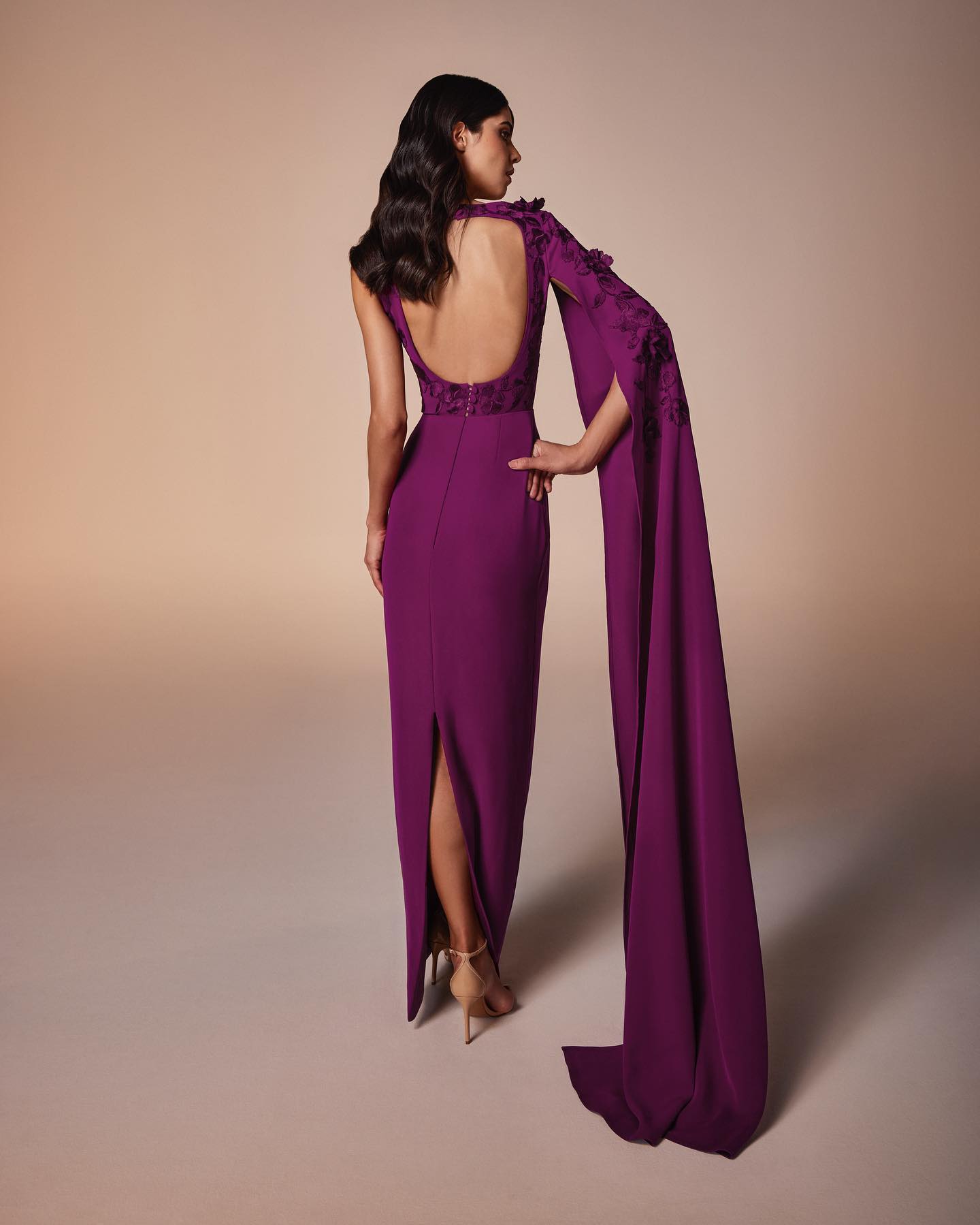Elegant Purple 3D Flowers Evening Dress with Cape Sleeve