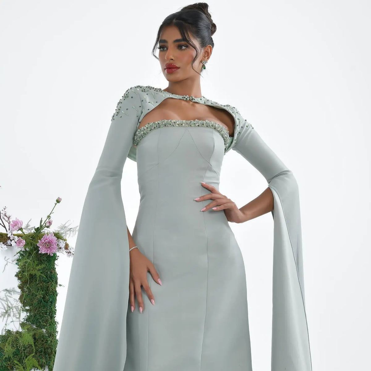 Final Sale Luxury Sage Green Evening Dress with Cape Sleeves SS424 Final Sale Luxury Sage Green Evening Dress with Cape Sleeves SS424