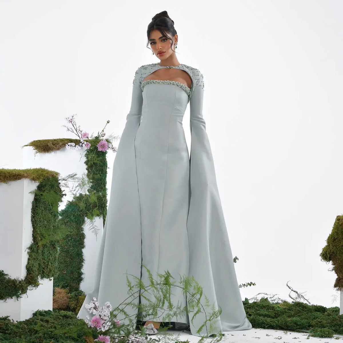 Final Sale Luxury Sage Green Evening Dress with Cape Sleeves SS424 Final Sale Luxury Sage Green Evening Dress with Cape Sleeves SS424