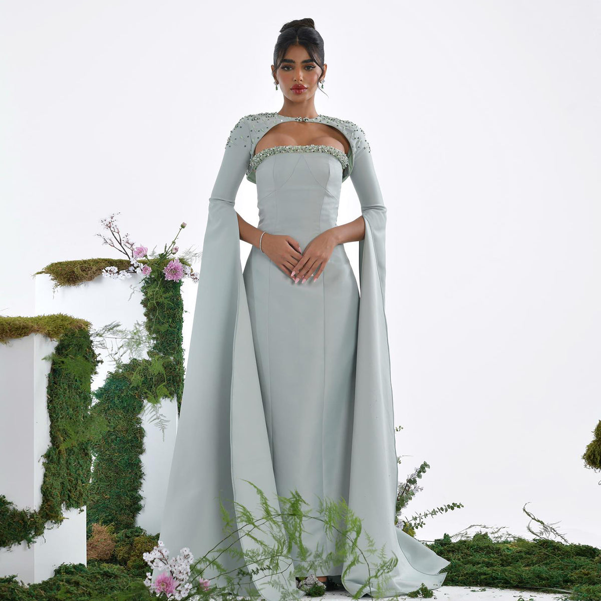 Sharon Said Saudi Arabia Sage Green Mermaid Evening Dress with Cape Sleeves Luxury Beaded Dubai Women Wedding Party Gowns SS424