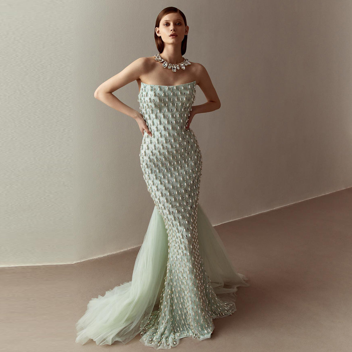 Sharon Said Luxury Crystal Pearls Mermaid Sage Green Evening Dress with Cape Arabic Dubai Elegant Women Wedding Party Gown SS431