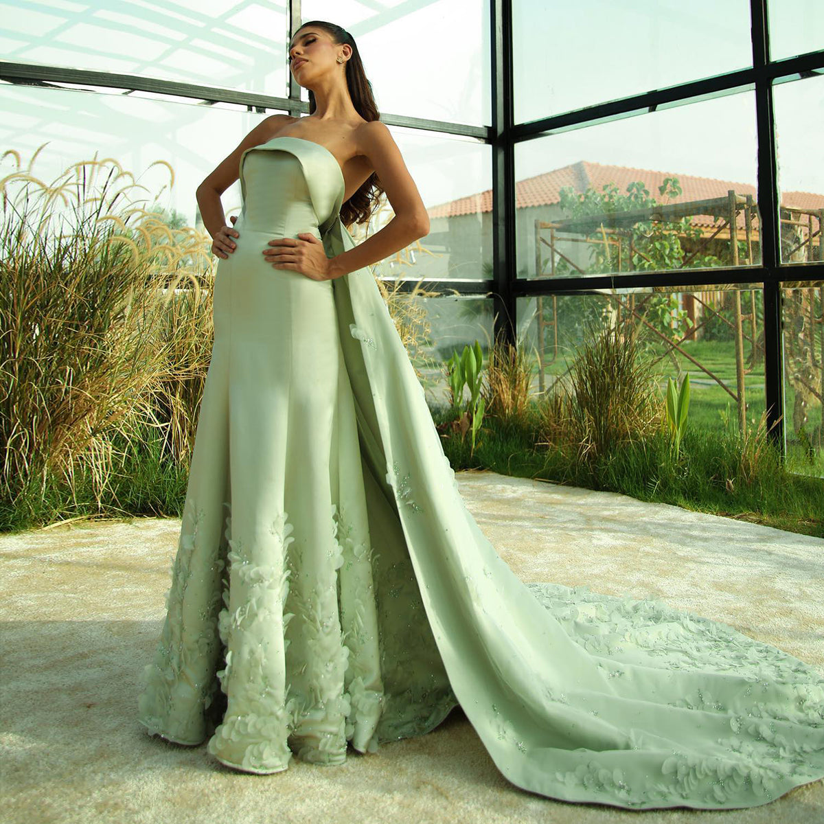 Sharon Said Luxury Crystal 3D Leaves Sage Green Dubai Evening Dress with Cape Arabic Women Wedding Party Gowns SS449