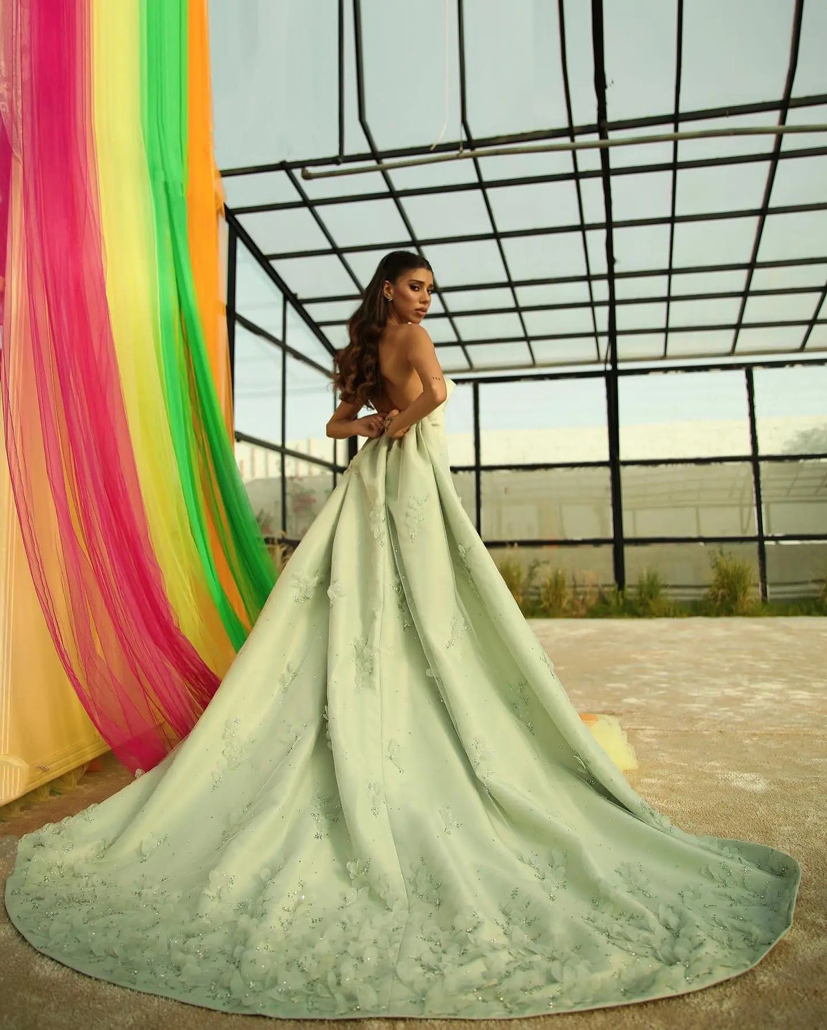 Final Sale Luxury Crystal 3D Leaves Sage Green Evening Dress with Cape SS449 Final Sale Luxury Crystal 3D Leaves Sage Green Evening Dress with Cape SS449