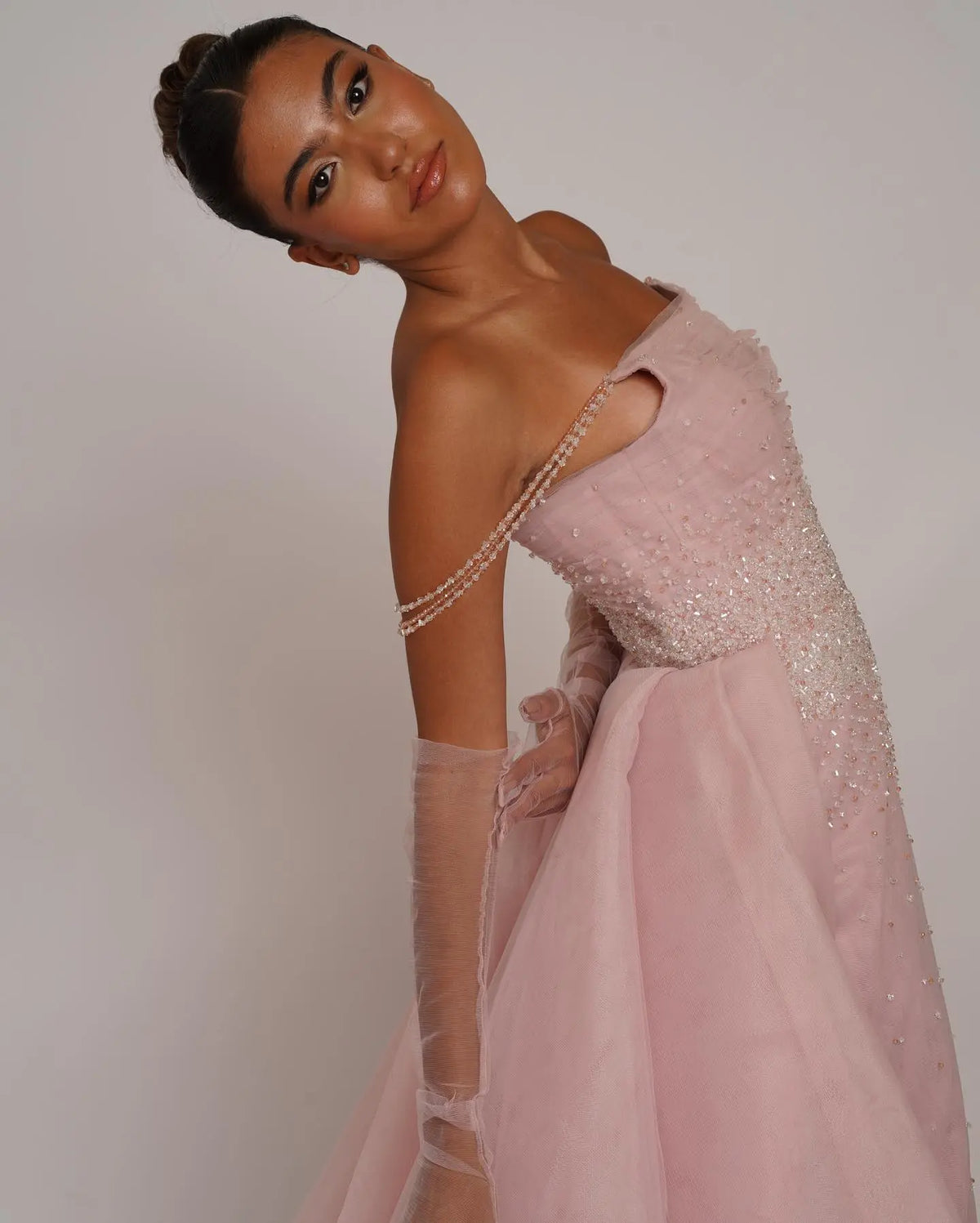 light pink dress with gloves Nox Anabel Sequin Lace Prom Dress with Matching Gloves Baby Pink / 14