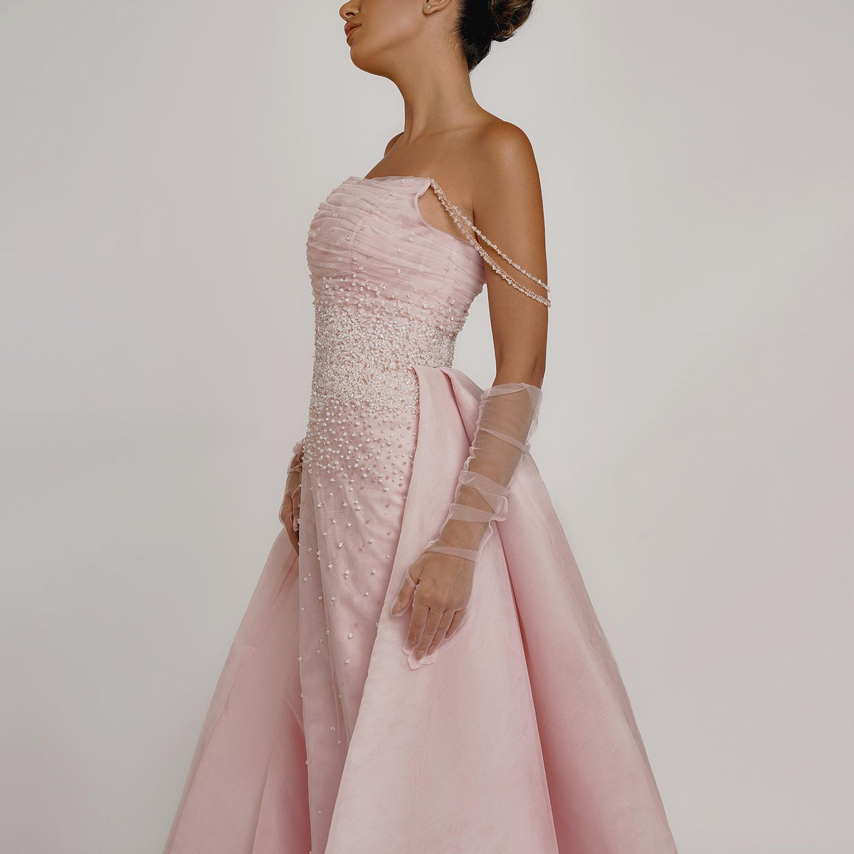 Sharon Said Luxuriöses rosa Abendkleid mit Perlenbesatz und Überrock-Handschuhen, elegantes arabisches Hochzeits- und Partykleid für Frauen SS429