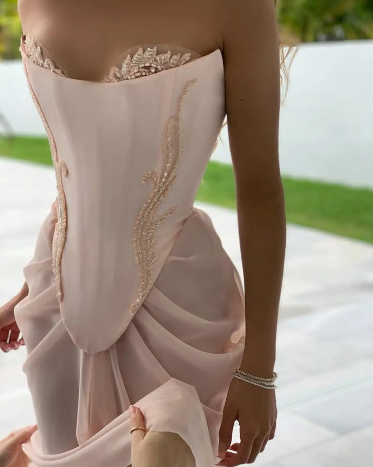 Pink Handmade Draped Strapless Chiffon Mermaid Evening Dress SF306 