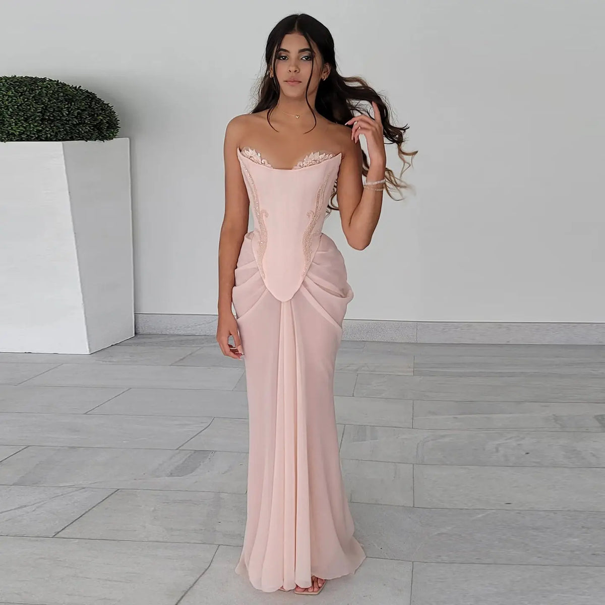 Pink Handmade Draped Strapless Chiffon Mermaid Evening Dress SF306 Pink Handmade Draped Strapless Chiffon Mermaid Evening Dress SF306