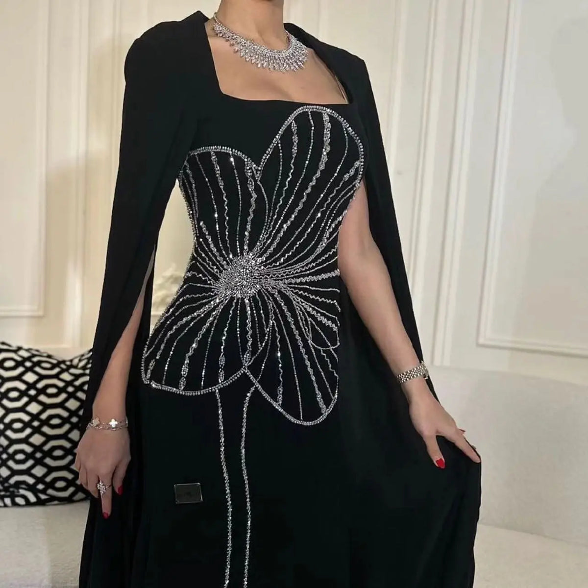 Final Sale Elegant Black Beaded Evening Dress with Cape Sleeves SS275 Final Sale Elegant Black Beaded Evening Dress with Cape Sleeves SS275