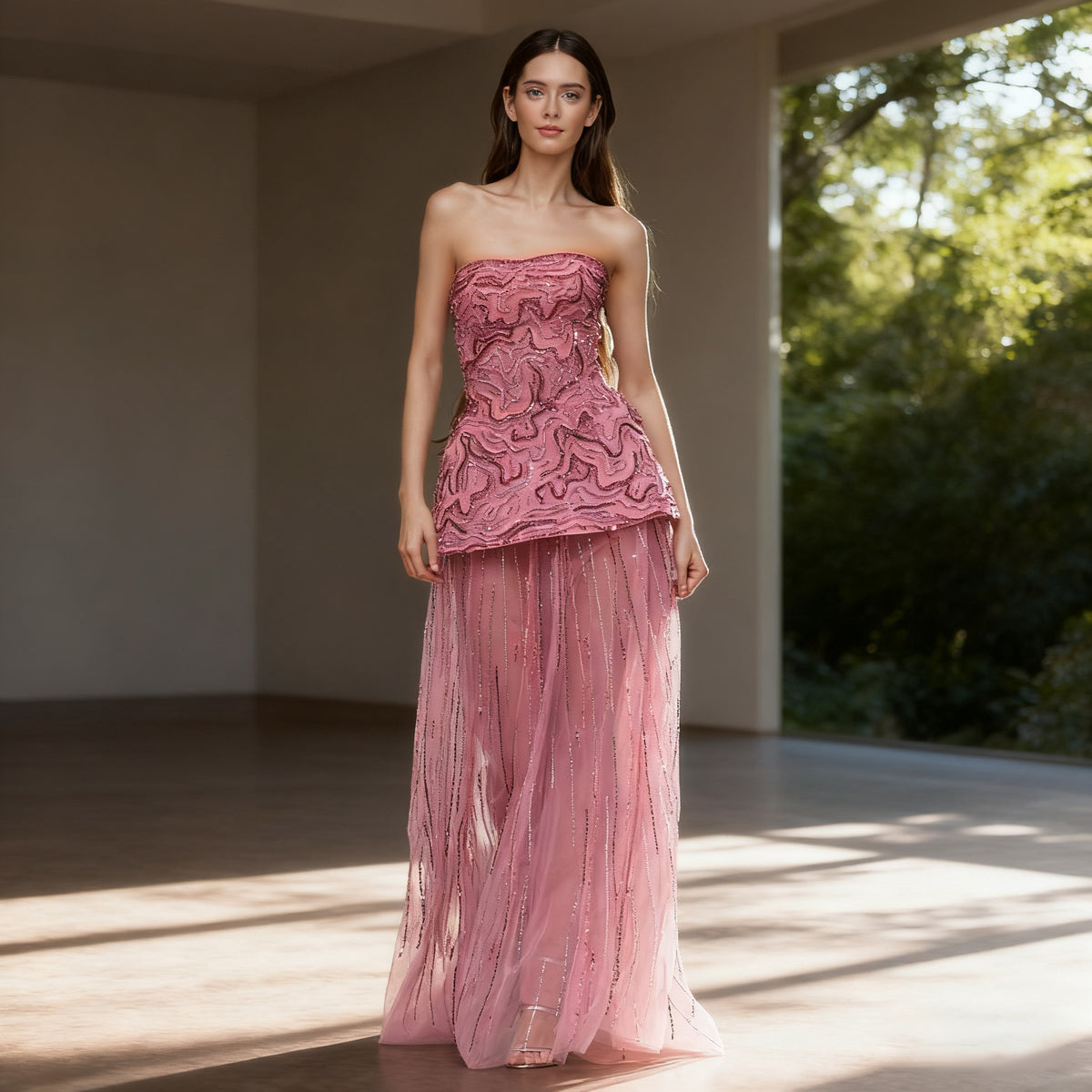 Elegant Rose Pink Crystal Sequin Two Pieces Evening Dress SS218 