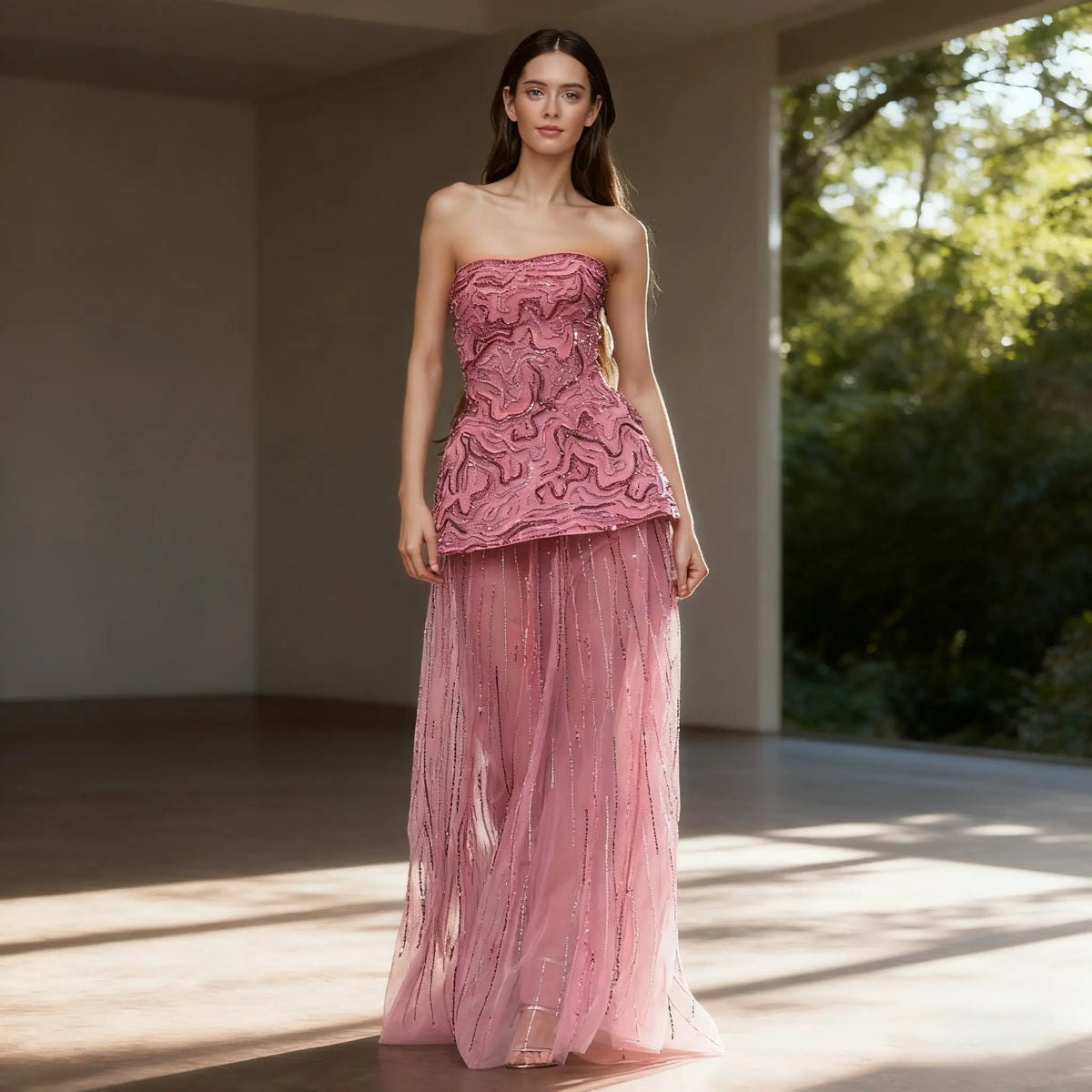 Elegant Rose Pink Crystal Sequin Two Pieces Evening Dress SS218 