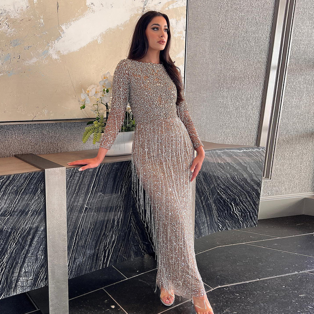 Sharon Said Luxury Beading Tassel Silver Nude Dubai Evening Dress Long Sleeves Muslim Arabic Women Midi Wedding Party Gown SS349