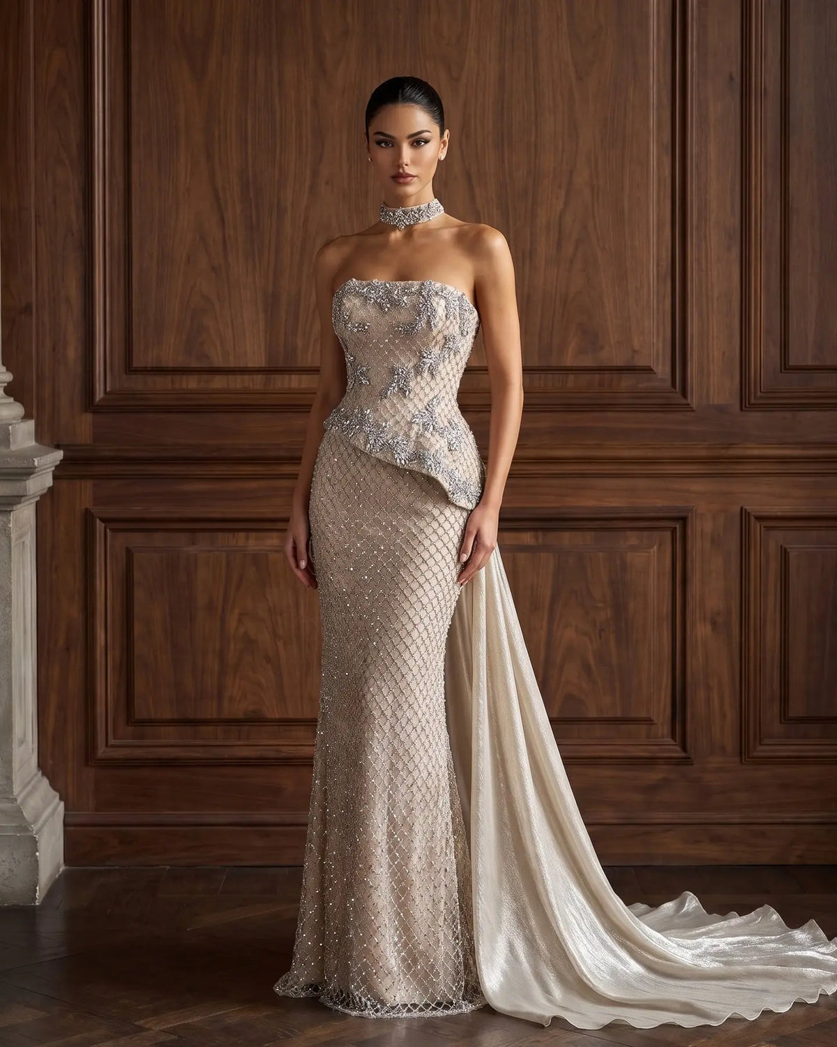 Champagne Strapless Beaded Evening Dress SS394