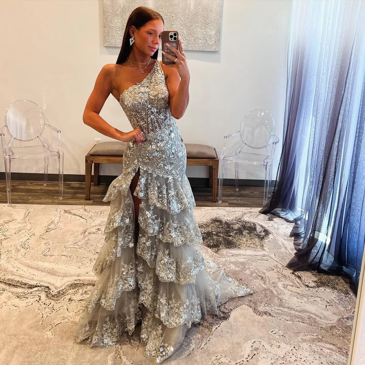Luxury Gray One-Shoulder Beaded Tiered High-Slit Prom Dress SH152 