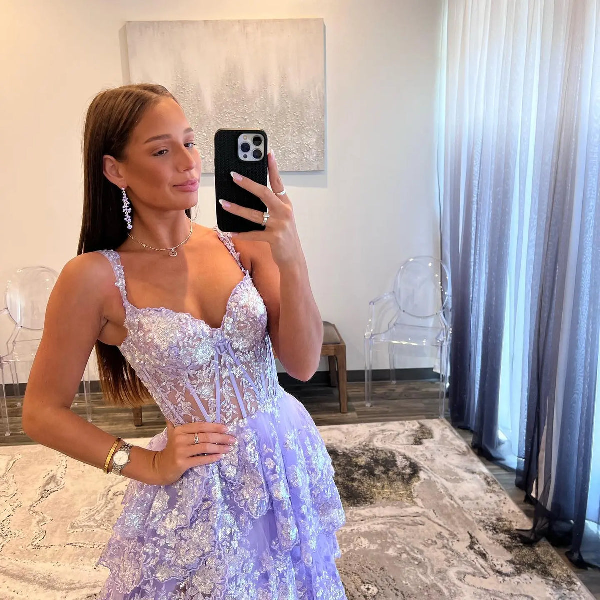 Stylish Black Ruffles Off shoulder Prom Dress with High Slit SH150 