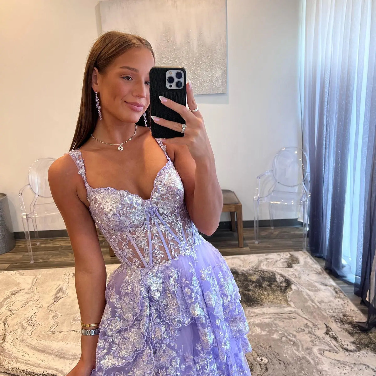 Stylish Black Ruffles Off shoulder Prom Dress with High Slit SH150 