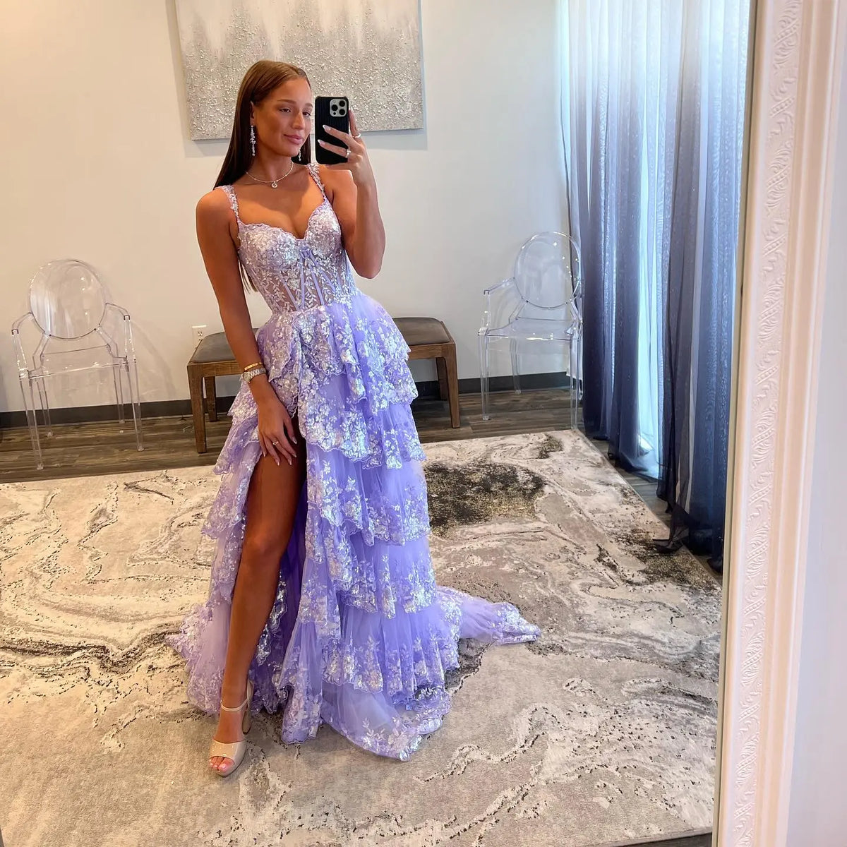 Stylish Black Ruffles Off shoulder Prom Dress with High Slit SH150 