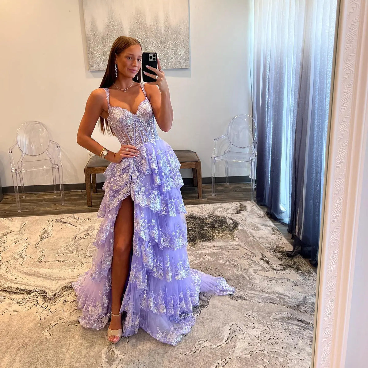 Stylish Black Ruffles Off shoulder Prom Dress with High Slit SH150 
