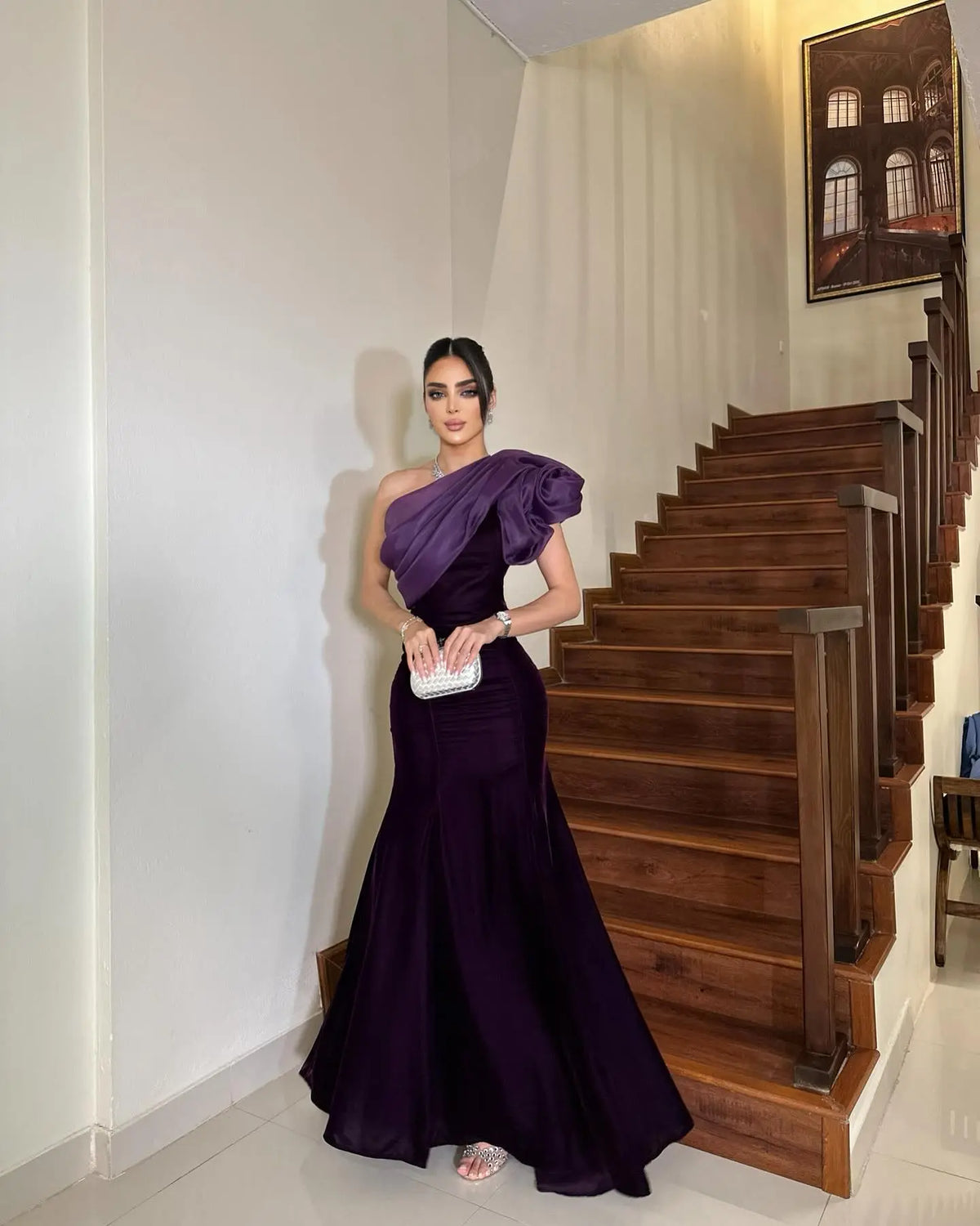 Elegant Purple Velvet One-Shoulder Evening Dress SF493