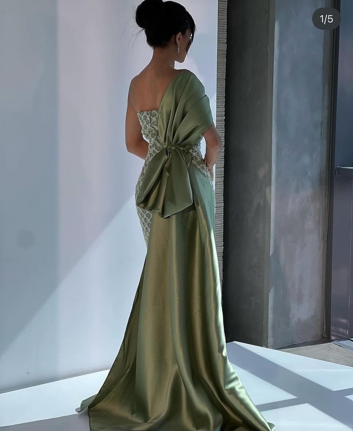 Elegant Green Beaded One Shoulder Evening Dress with Overskirt SS626
