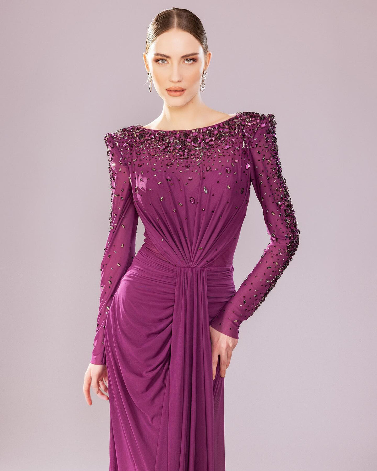 Luxury Fuchsia Beaded Sequin Evening Dress with Long Sleeves SS565 