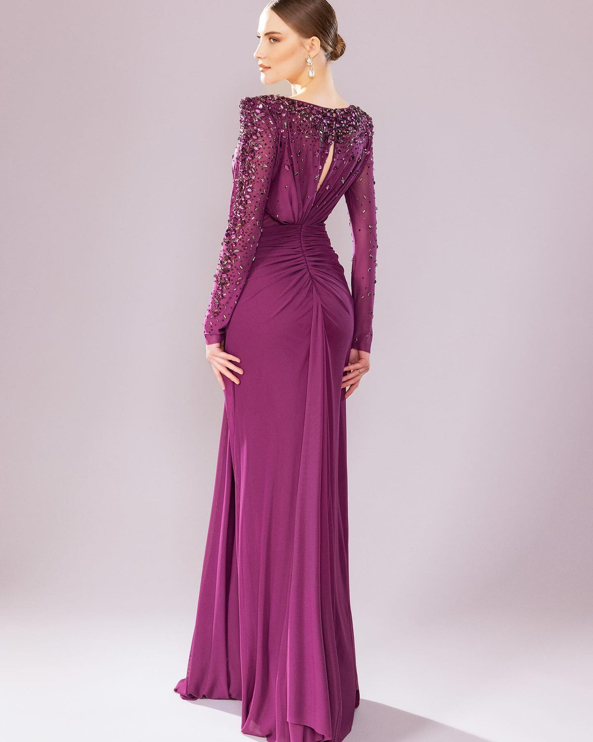Luxury Fuchsia Beaded Sequin Evening Dress with Long Sleeves SS565 